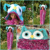 Hooded Crochet Owl Blanket Chunky Cosy Throw in Baby, Child and Adult sizes. Birthday valentines gif