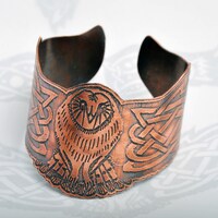 Celtic owl cuff, Viking owl cuff, celtic bracelet, copper bangle, Norse cuff, celtic knotwork, barn 