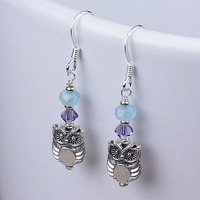 Lavender Purple Aqua Blue Swarovski Crystal Silver Owl Earrings