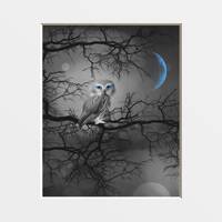 Black White Blue Wall Art, Owl Moon Tree Wall Art, Blue Home Decor Matted Picture