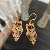 Vintage Gold Vermiel Owl Earrings with Turquoise and Coral Enamel, Owl Earrings, Vintage Vermiel Ear