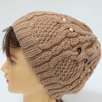Knitted owl beanie knit hat, trendy beige cable hand knit women slouchy beanie, womens knitted owl h