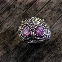 Owl Ring With Pink Tourmaline Eyes In Sterling Silver