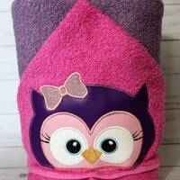 Personalized Pink Purple Owl Embroidered Hooded Towel.