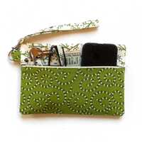 Ear Bud Case Plus Owl Print Wristlet in Green With Removable Strap, Mod Floral Coin Purse, Womens Wa