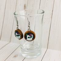 Cute Baby Owl - Wooden Dangle Earrings - 12mm Glass Photo - Cabochon - White Owl