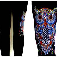 Plus Size Capri Length Leggings Embellished All Rhinestone Colorful Owl Design