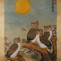 vintage  watercolor  of many  owls on branches  in the sun signed