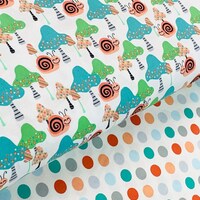 Owl fabric, Owl's Woodland Advenure , Fox snail squirrel dragonfly, green orange, woodland anima