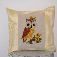 Adorable Vintage Crewel Embroidery Stitched Owl on Buttercup Yellow / Mustard Ticking Stripe 20"