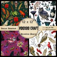 Seamless Magical Papers: Voodoo Skuls, Nigth Owls, Red Bloody Candle, Big Claws Witchy Hand, Frogs, 