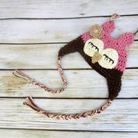 Sleepy Baby Girl Owl Hat, Newborn Halloween Costume, Crochet Owl Hat, Owl Halloween Hat, Baby Girl l