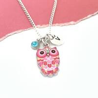 Owl Initial Necklace, Owl Jewelry for Girls, Enamel Owl Charm Pendant, Personalized Owl Gift for Kid