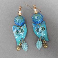 Enamelled Copper Owl Earrings: Lampwork Glass, Autumn Jewelry