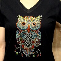 Rhinestone Colorful Retro Owl Bling Ladies V-Neck Shirt