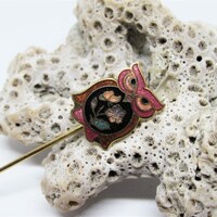Vintage Pink & Black Owl Stick Pin- Cloisonne Enamel Flower Power Brooch- Womens Hat, Scarf, Shr