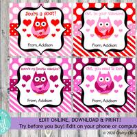 Editable Owl Valentine Cards, Owl Valentine, Owl Valentine Cards, Digital Owl Valentines, Instant Do