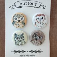Set of 4 owl button pins, Owl badges, 1 inch buttons