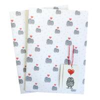 Love owls gift wrap and tags set // cute animal wrapping paper; little owl with hearts; hand drawn w