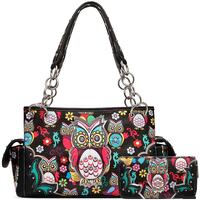 Colorful Spring Owl Western Purse Spring Flowers Handbag Women Shoulder Bag Wallet Set Black Conceal