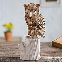 Horned Owl, Artisan Crafted Aragonite Gemstone Sculpture