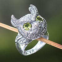 Mysterious Owl, Hand Crafted Sterling Silver and Peridot Cocktail Ring