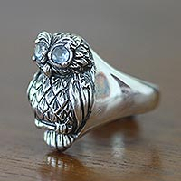 Java Owl, Artisan Crafted Sterling Silver and Blue Topaz Ring
