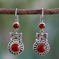 Fire Owl, Handcrafted Indian Sterling Silver and Carnelian Earrings