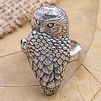 Silver Owl, Sterling Silver and 18k Gold Accent Bird Ring