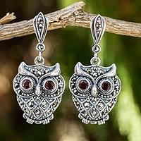 Curious Owl, Thai  Silver and Marcasite Owl Earrings with Garnet