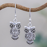 Owl Love, Hand Crafted Owl Dangle Earrings in Sterling Silver 925