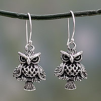 Owl at Midnight, Unique Bird Theme Sterling Silver Owl Dangle Earrings