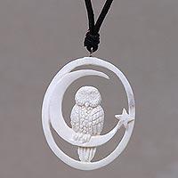 Magic Night, Owl and Moon Bone Pendant Necklace Handmade in Bali