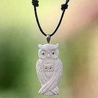 White Owl Family, Artisan Crafted Owl Family Pendant on Leather Cord Necklace
