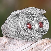 Owl Eyes, Handmade Balinese Sterling Silver Owl Ring with Garnet Eyes