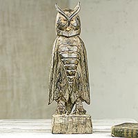 Stoic Owl, Wooden Upright Owl Sculpture Hand Carved in Ghana