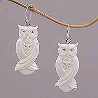 Owl Bond, Handcrafted Bone Owl Family Dangle Earrings from Bali