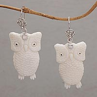 Watchful Owls, Bone and Sterling Silver Owl Dangle Earrings from Bali