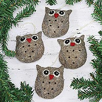 Midnight Quartet, Set of Four Handcrafted Wool Owl Ornaments from India