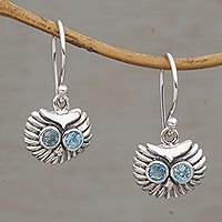 Owl's Bright Gaze, Petite Sterling Silver and Blue Topaz Owl Earrings