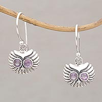 Opulent Owl, Amethyst and Sterling Silver Owl Dangle Earrings from Bali