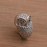 Gazing Owl, Bali Handmade Sterling Silver Owl Ring with Blue Topaz Eyes