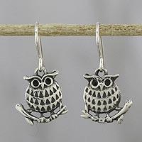 Chiang Mai Owl, Sterling Silver Perched Owl Dangle Earrings from Thailand
