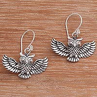 Double Hoot, Handcrafted Sterling Silver Owl Dangle Earrings from Bali
