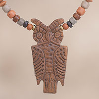 Nocturnal Vigilance, Owl-Shaped Ceramic Beaded Pendant Necklace from Peru
