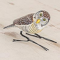 Hawk Owl, Handcrafted White and Brown Hawk Owl Ceramic Figurine