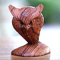 Owl Bust, Suar Wood Bust Sculpture of an Owl from Bali