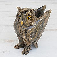 Earthen Owl, Hand-Carved Earth-Tone Dolomite Owl Sculpture from Brazil