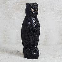 Black Owl, Ebony Wood Owl Sculpture in Black from Ghana