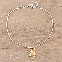 Golden Owl, Gold Accented Sterling Silver Owl Chain Bracelet from India